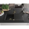 Mexen Cesar évier en granit 1 bac avec égouttoir et robinet de cuisine Flora, noir/métallisé argent - 6514-73-670401-57-G