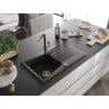 Mexen Cesar évier en granit 1 bac avec égouttoir et robinet de cuisine Flora, noir/métallisé argent - 6514-73-670401-57-G