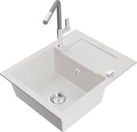 Mexen Enzo évier en granit à 1 bac avec égouttoir et mitigeur de cuisine Flora, blanc - 6506-20-670401-06