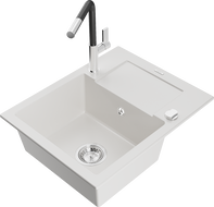 Mexen Enzo évier en granit 1 cuve avec égouttoir et robinet de cuisine Flora, blanc - 6506-20-670401-07