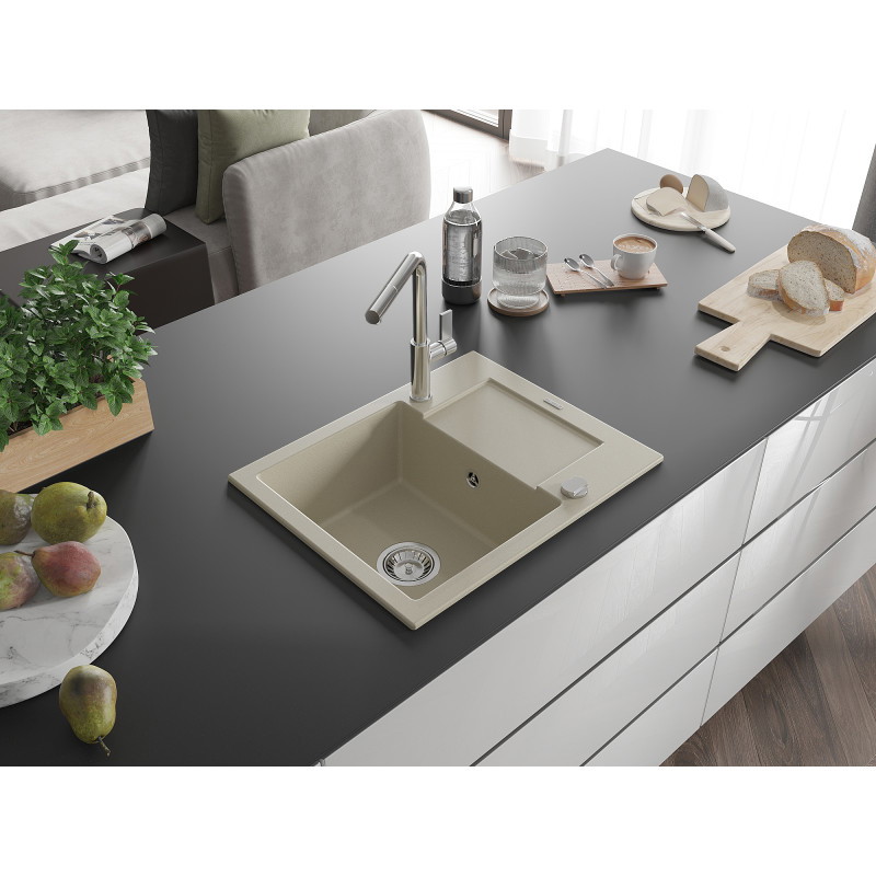 Mexen Enzo évier de cuisine en granit 1 bac avec égouttoir et robinet Flora, beige - 6506-69-670401-00