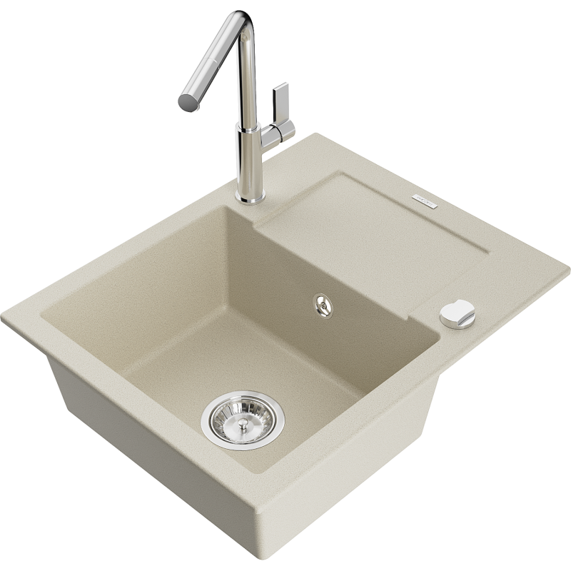Mexen Enzo évier de cuisine en granit 1 bac avec égouttoir et robinet Flora, beige - 6506-69-670401-00