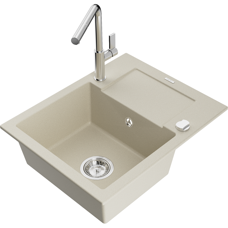 Mexen Enzo évier en granit 1 bac avec égouttoir et mitigeur Flora, beige - 6506-69-670401-00