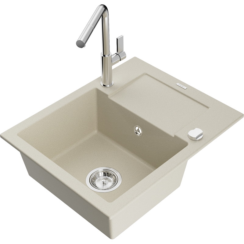 Mexen Enzo évier en granit 1 bac avec égouttoir et robinet de cuisine Flora, beige - 6506-69-670401-00