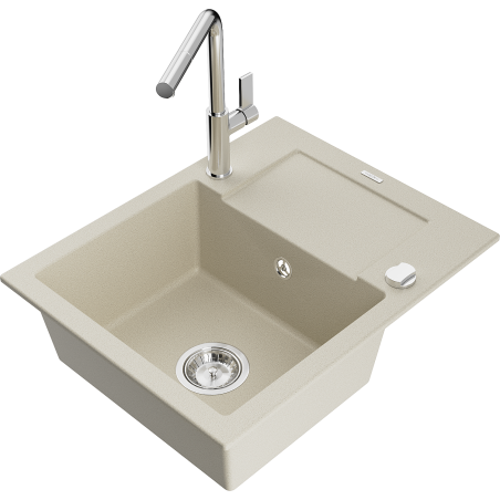 Mexen Enzo évier de cuisine en granit 1 bac avec égouttoir et robinet Flora, beige - 6506-69-670401-00