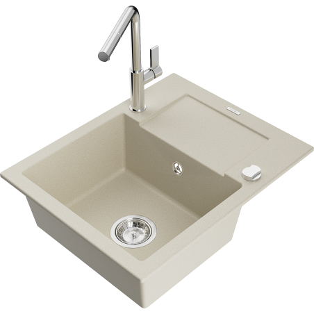 Mexen Enzo évier en granit 1 bac avec égouttoir et robinet de cuisine Flora, beige - 6506-69-670401-00