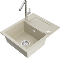Mexen Enzo évier en granit 1 bac avec égouttoir et robinet de cuisine Flora, beige - 6506-69-670401-00