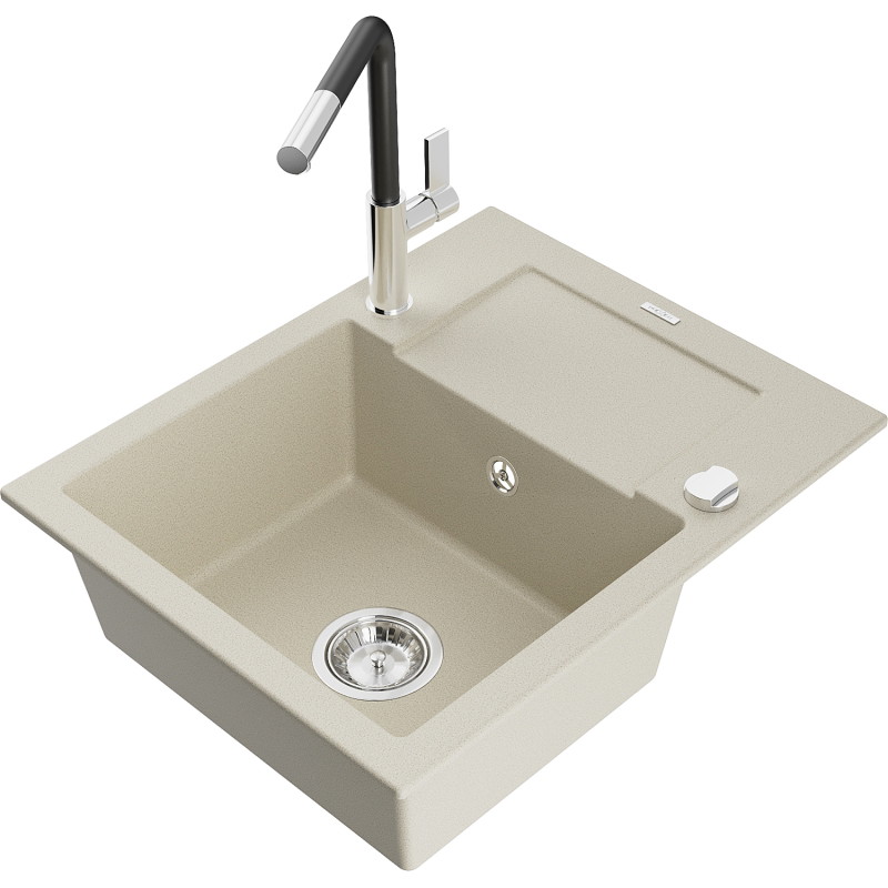 Mexen Enzo Évier en granit à 1 bac avec égouttoir et robinet de cuisine Flora, beige - 6506-69-670401-07