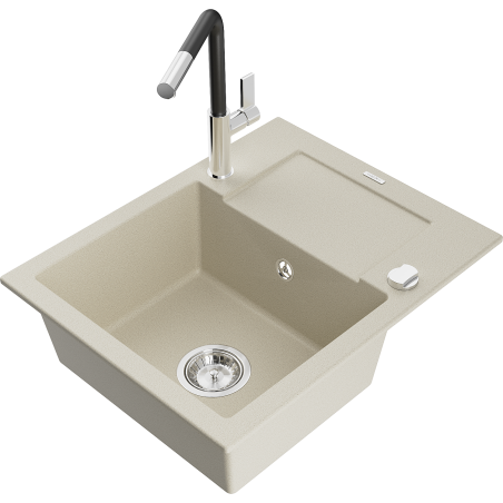 Mexen Enzo Évier en granit à 1 bac avec égouttoir et robinet de cuisine Flora, beige - 6506-69-670401-07