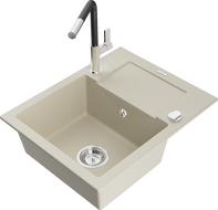 Mexen Enzo évier en granit 1 bac avec égouttoir et mitigeur cuisine Flora, beige - 6506-69-670401-07