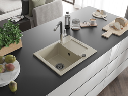 Mexen Enzo évier en granit 1 bac avec égouttoir et robinet Flora, beige - 6506-69-670401-07-B
