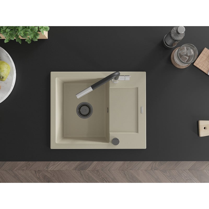 Mexen Enzo évier en granit 1 bac avec égouttoir et robinet de cuisine Flora, beige - 6506-69-670401-07-B
