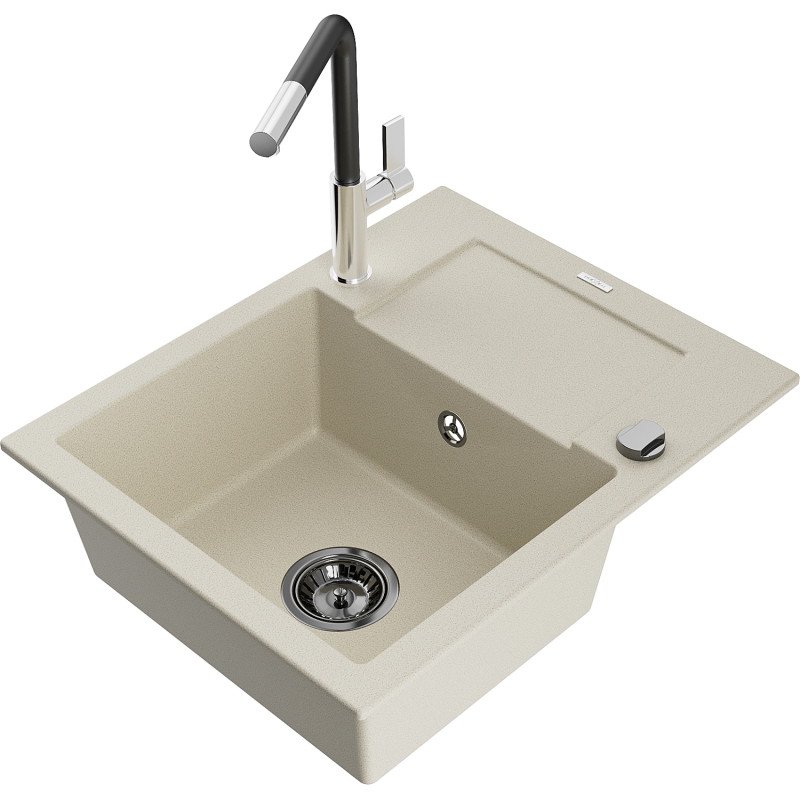 Mexen Enzo évier granit 1 bac avec égouttoir et robinet de cuisine Flora, beige - 6506-69-670401-07-B