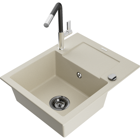 Mexen Enzo évier granit 1 bac avec égouttoir et robinet de cuisine Flora, beige - 6506-69-670401-07-B