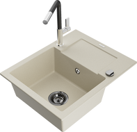 Mexen Enzo évier en granit 1 bac avec égouttoir et robinet Flora, beige - 6506-69-670401-07-B