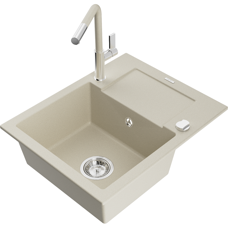 Mexen Enzo évier granit 1 bac avec égouttoir et robinet de cuisine Flora, beige - 6506-69-670401-09