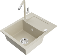 Mexen Enzo évier granit 1 bac avec égouttoir et robinet de cuisine Flora, beige - 6506-69-670401-09