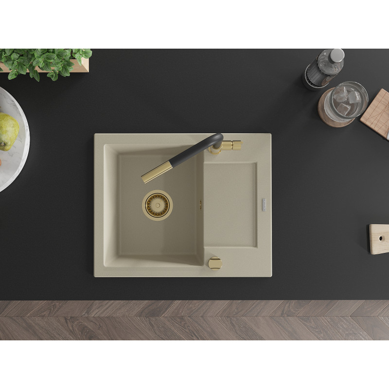 Mexen Enzo évier de cuisine en granit 1 bac avec égouttoir et robinet de cuisine Flora, beige - 6506-69-670401-57-G