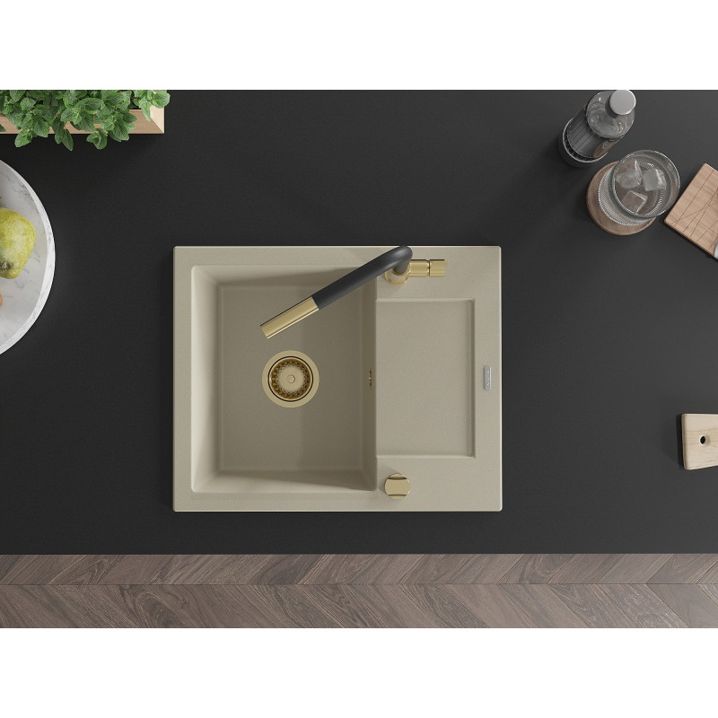 Mexen Enzo évier en granit 1 bac avec égouttoir et robinet de cuisine Flora, beige - 6506-69-670401-57-G