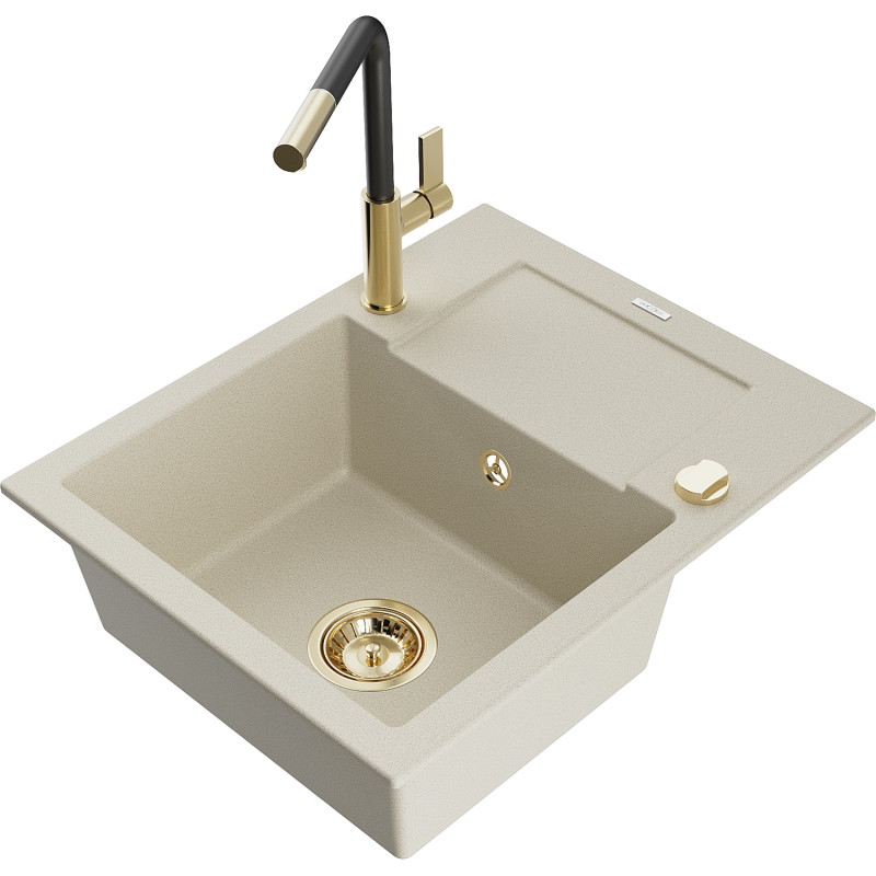 Mexen Enzo évier en granit 1 bac avec égouttoir et robinet de cuisine Flora, beige - 6506-69-670401-57-G