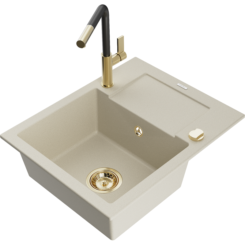 Mexen Enzo évier granitique 1 bac avec égouttoir et robinet de cuisine Flora, beige - 6506-69-670401-57-G