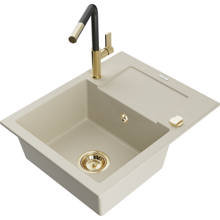 Mexen Enzo évier en granit 1 bac avec égouttoir et robinet de cuisine Flora, beige - 6506-69-670401-57-G