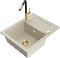 Mexen Enzo évier granitique 1 bac avec égouttoir et robinet de cuisine Flora, beige - 6506-69-670401-57-G