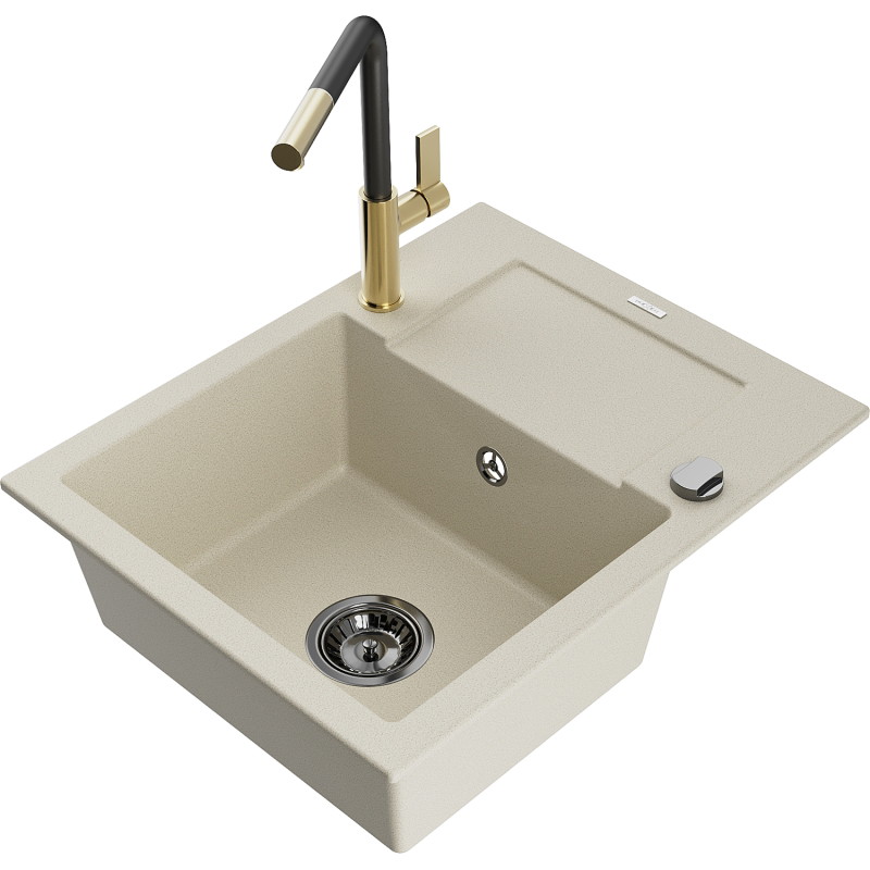Mexen Enzo évier en granit 1 bac avec égouttoir et mitigeur de cuisine Flora, beige - 6506-69-670401-57-B