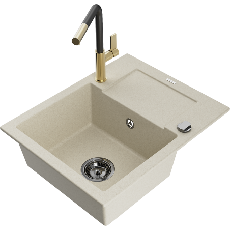 Mexen Enzo évier en granit 1 bac avec égouttoir et robinet de cuisine Flora, beige - 6506-69-670401-57-B