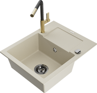 Mexen Enzo évier en granit 1 bac avec égouttoir et robinet de cuisine Flora, beige - 6506-69-670401-57-B