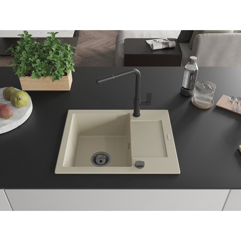Mexen Enzo évier en granit 1 bac avec égouttoir et robinet de cuisine Flora, beige - 6506-69-670401-70-B