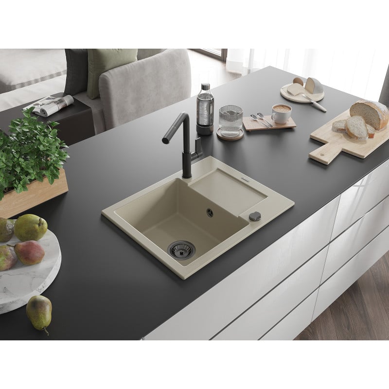Mexen Enzo évier en granit 1 bac avec égouttoir et robinet de cuisine Flora, beige - 6506-69-670401-70-B