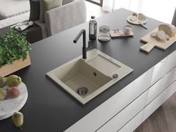 Mexen Enzo évier en granit 1 bac avec égouttoir et robinet de cuisine Flora, beige - 6506-69-670401-70-B