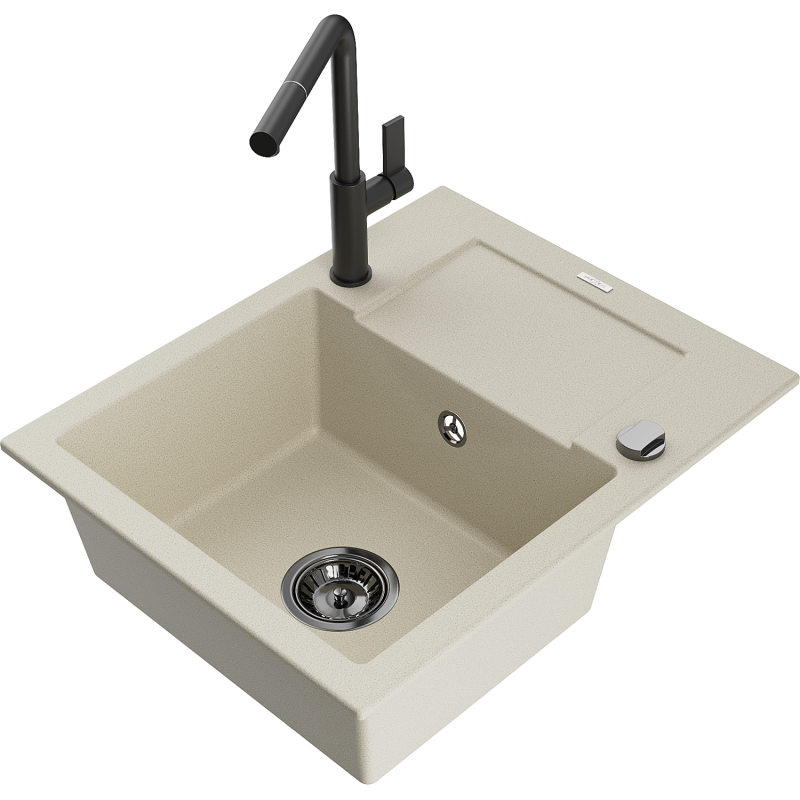 Mexen Enzo évier en granit 1 bac avec égouttoir et robinet de cuisine Flora, beige - 6506-69-670401-70-B