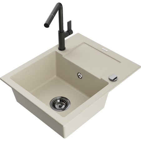 Mexen Enzo évier en granit 1 bac avec égouttoir et robinet de cuisine Flora, beige - 6506-69-670401-70-B