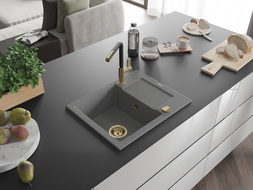 Mexen Enzo évier en granit 1 bac avec égouttoir et robinet de cuisine Flora, gris - 6506-71-670401-57-G