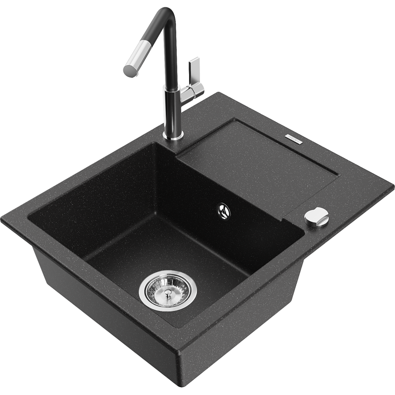 Mexen Enzo évier en granit 1 bac avec égouttoir et robinet de cuisine Flora, noir / métallisé argent - 6506-73-670401-07