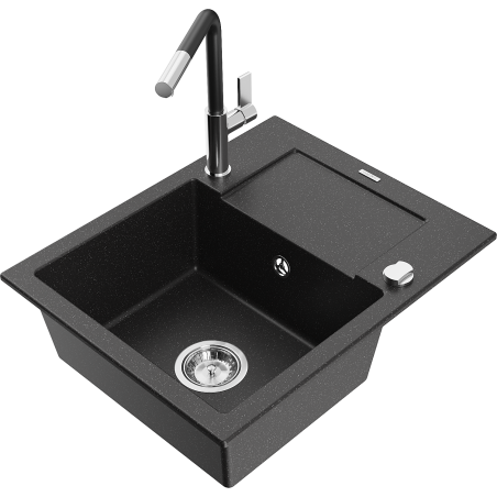 Mexen Enzo évier en granit 1 bac avec égouttoir et robinet de cuisine Flora, noir / métallisé argent - 6506-73-670401-07