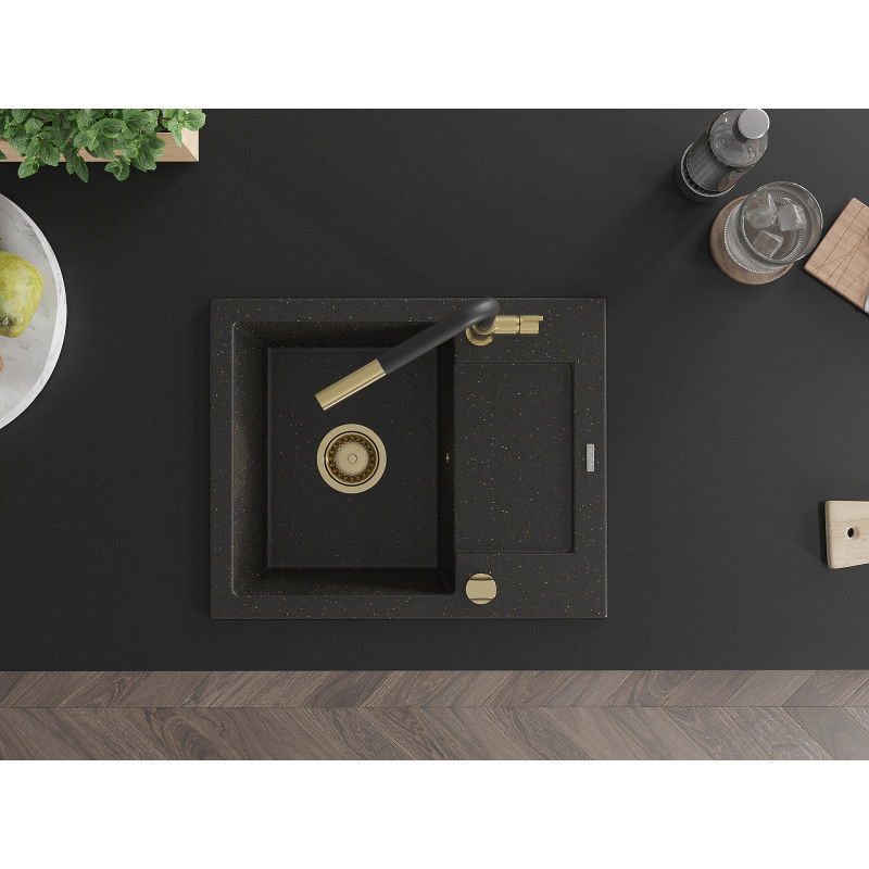 Mexen Enzo évier en granit 1 bac avec égouttoir et robinet de cuisine Flora, noir/or métallique - 6506-75-670401-57-G