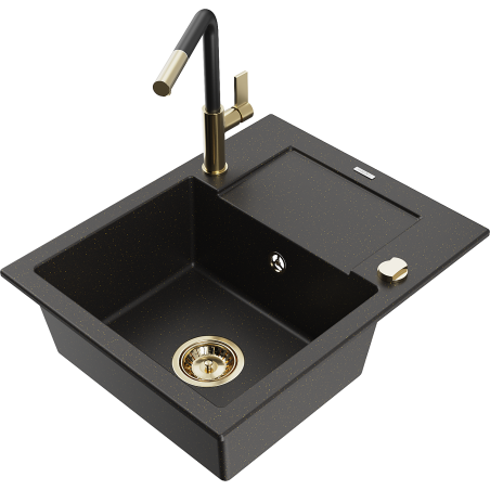 Mexen Enzo évier en granit 1 bac avec égouttoir et robinet de cuisine Flora, noir/or métallique - 6506-75-670401-57-G