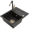 Mexen Enzo évier en granit 1 bac avec égouttoir et robinet de cuisine Flora, noir/or métallique - 6506-75-670401-57-G