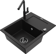 Mexen Enzo évier de cuisine en granit à 1 bac avec égouttoir et mitigeur Flora, noir - 6506-77-670401-70-B