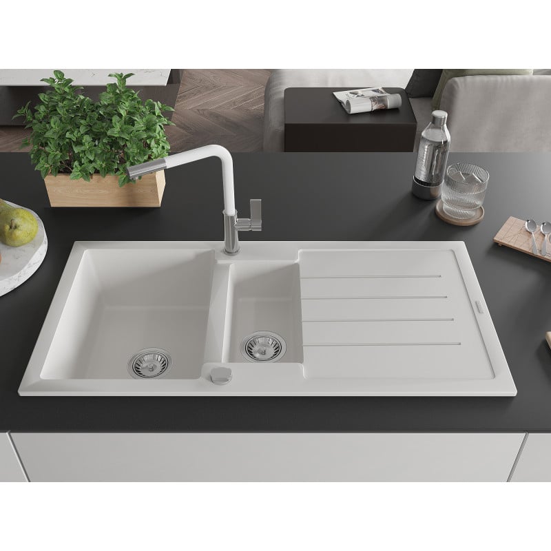 Mexen Andres évier en granit 1,5 éviers avec égouttoir et robinet de cuisine Flora, blanc - 6515-20-670401-02