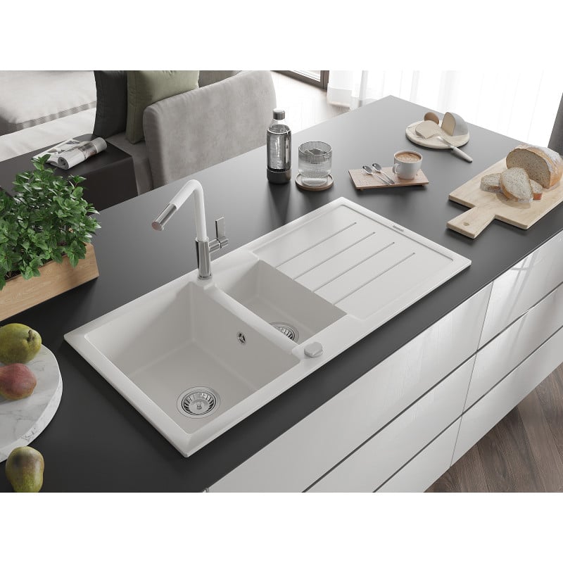 Mexen Andres évier en granit 1,5 éviers avec égouttoir et robinet de cuisine Flora, blanc - 6515-20-670401-02
