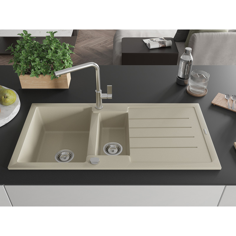 Mexen Andres évier en granit 1,5 bac avec égouttoir et robinet de cuisine Flora, beige - 6515-69-670401-00