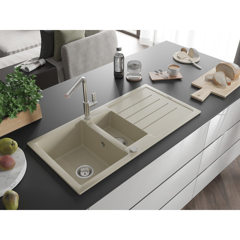 Mexen Andres évier en granit 1,5 bac avec égouttoir et robinet de cuisine Flora, beige - 6515-69-670401-00