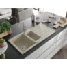 Mexen Andres évier en granit 1,5 bac avec égouttoir et robinet de cuisine Flora, beige - 6515-69-670401-00