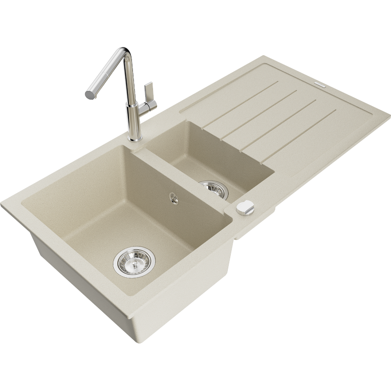 Mexen Andres évier en granit 1,5 cuve avec égouttoir et robinet de cuisine Flora, beige - 6515-69-670401-00