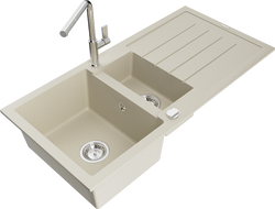 Mexen Andres évier en granit 1,5 cuve avec égouttoir et robinet de cuisine Flora, beige - 6515-69-670401-00