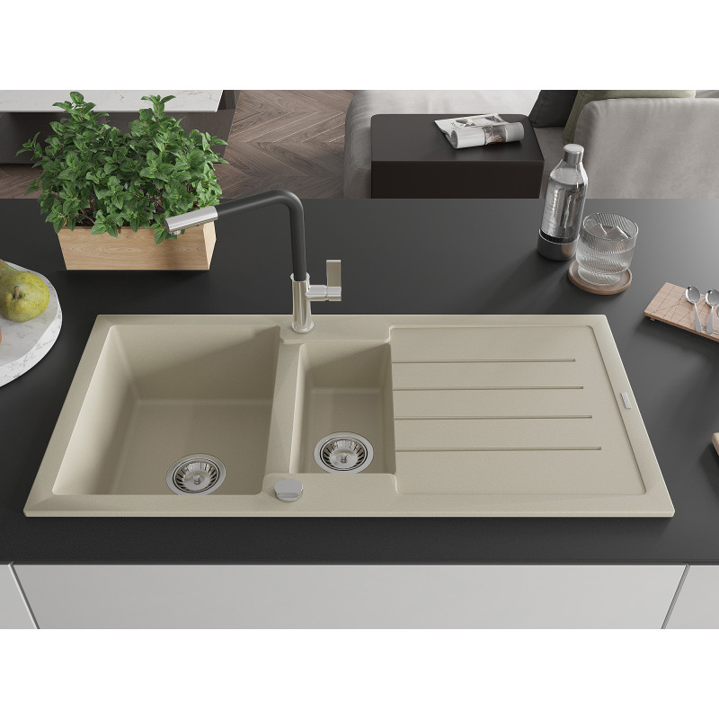 Mexen Andres évier en granit 1,5 bac avec égouttoir et robinet de cuisine Flora, beige - 6515-69-670401-07